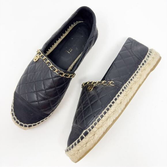 Chanel Lambskin CC Quilted Chain Black Espadrilles 38 - Picture 2 of 12